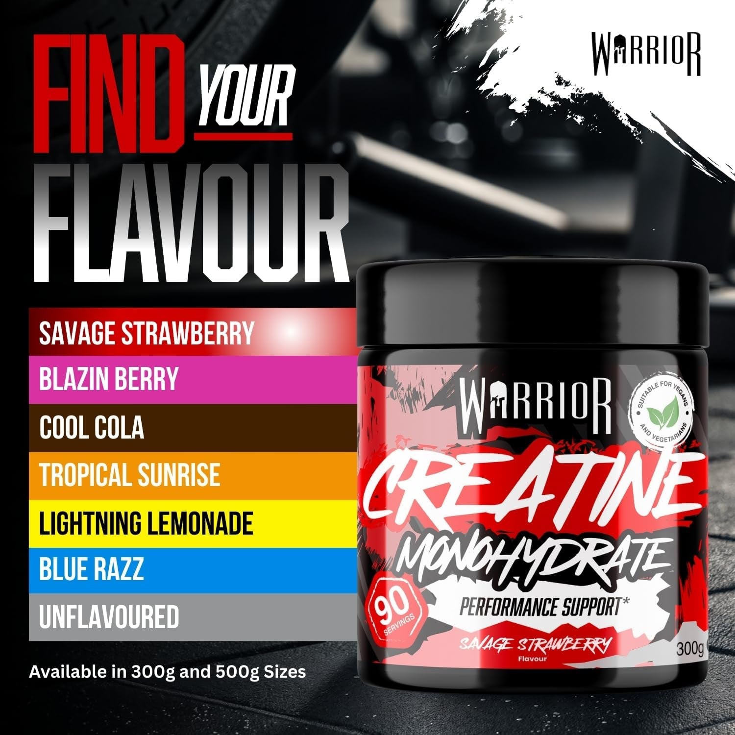 Flavoured Creatine Monohydrate Powder 300G (90 Servings) – Creatine Powder Drink, Creatine for Performance, Strength & Recovery (Not Creatine Gummies or Tablets) – Savage Strawberry